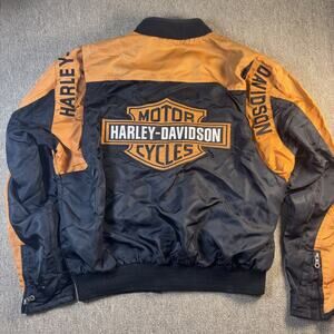 Harley Davidson Black Orange Bar & Shield Nylon Racing Jacket Mens Size Large
